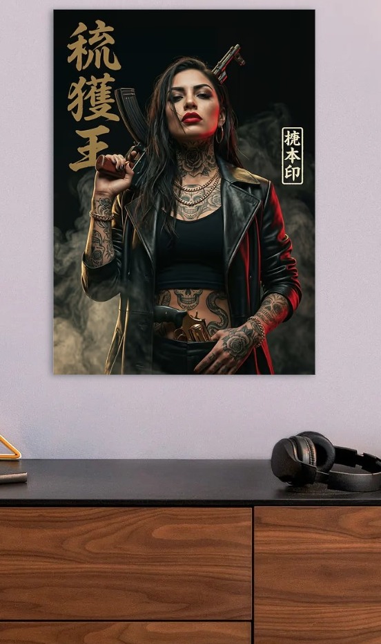 Tattooed Woman with Guns and Japanese Tattoo — metal poster wall art by Lineer